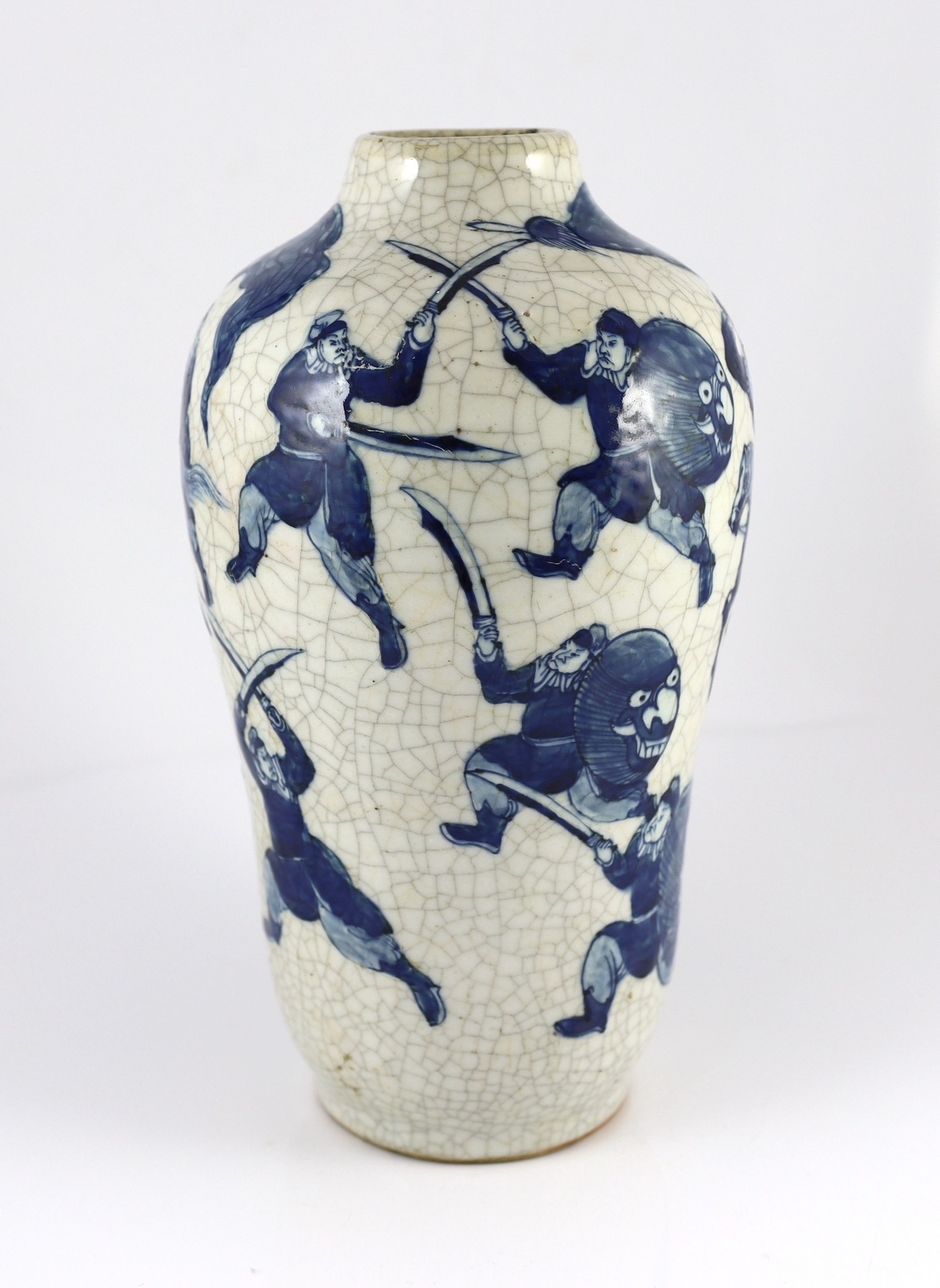 A Chinese blue and white crackle glaze ‘warriors’ vase, late 19th century, 35cm high, drilled hole